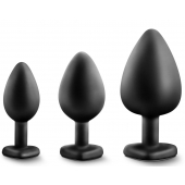 Набор из 3 черных пробок с прозрачным кристаллом-сердечком Bling Plugs Training Kit - Blush Novelties - купить с доставкой в Северске