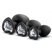 Набор из 3 черных пробок с прозрачным кристаллом-сердечком Bling Plugs Training Kit - Blush Novelties - купить с доставкой в Северске