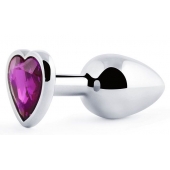 Серебристая анальная пробка с фиолетовым кристаллом-сердечком - 8 см. - Anal Jewelry Plug - купить с доставкой в Северске