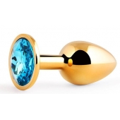 Золотистая анальная пробка с голубым стразом - 7,2 см. - Anal Jewelry Plug - купить с доставкой в Северске