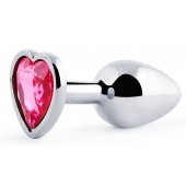 Серебристая анальная пробка с розовым кристаллом-сердечком - 7 см. - Anal Jewelry Plug - купить с доставкой в Северске