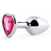 Серебристая анальная пробка с малиновым кристаллом-сердечком - 7 см. - Anal Jewelry Plug - купить с доставкой в Северске