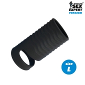 Черная открытая насадка на пенис с кольцом для мошонки L-size - 8,5 см. - Sex Expert - в Северске купить с доставкой