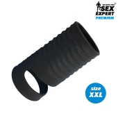 Черная открытая насадка на пенис с кольцом для мошонки XXL-size - 9,4 см. - Sex Expert - в Северске купить с доставкой