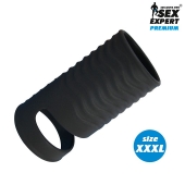 Черная открытая насадка на пенис с кольцом для мошонки XXXL-size - 9,9 см. - Sex Expert - в Северске купить с доставкой