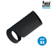 Черная открытая насадка на пенис с кольцом для мошонки XL-size - 8,9 см. - Sex Expert - в Северске купить с доставкой