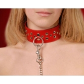 Красный кожаный ошейник с карабином и поводком - Sitabella - купить с доставкой в Северске