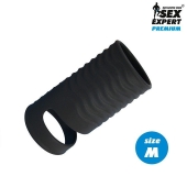 Черная открытая насадка на пенис с кольцом для мошонки size M - 7,9 см. - Sex Expert - в Северске купить с доставкой
