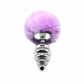 Серебристая анальная пробка с сиреневым мехом Metal Anal Fluffly Twist Plug L - Adrien Lastic