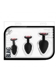 Набор черных анальных пробок с красным кристаллом-сердечком Bling Plugs Training Kit - Blush Novelties - купить с доставкой в Северске