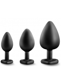 Набор из 3 черных пробок с прозрачным кристаллом-сердечком Bling Plugs Training Kit - Blush Novelties - купить с доставкой в Северске