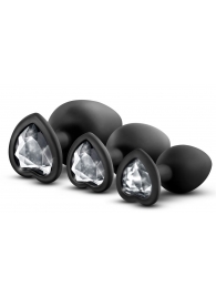 Набор из 3 черных пробок с прозрачным кристаллом-сердечком Bling Plugs Training Kit - Blush Novelties - купить с доставкой в Северске