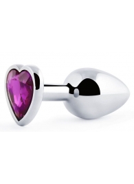 Серебристая анальная пробка с фиолетовым кристаллом-сердечком - 8 см. - Anal Jewelry Plug - купить с доставкой в Северске