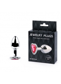 Серебристая анальная пробка с малиновым кристаллом-сердечком - 7 см. - Anal Jewelry Plug - купить с доставкой в Северске