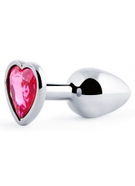 Серебристая анальная пробка с малиновым кристаллом-сердечком - 7 см. - Anal Jewelry Plug - купить с доставкой в Северске