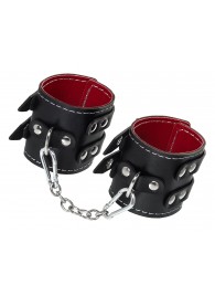 Черные кожаные наручники с двумя ремнями и красной подкладкой - Pecado - купить с доставкой в Северске