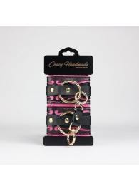 Черные кожаные наручники с розовой строчкой - Crazy Handmade - купить с доставкой в Северске