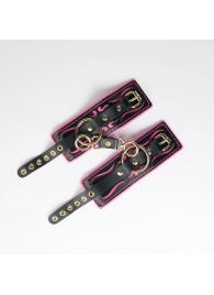 Черные кожаные наручники с розовой строчкой - Crazy Handmade - купить с доставкой в Северске