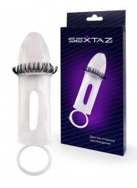 Закрытая насадка на пенис с подхватом мошонки и стимулирующими «ресничками» - Sextaz - в Северске купить с доставкой