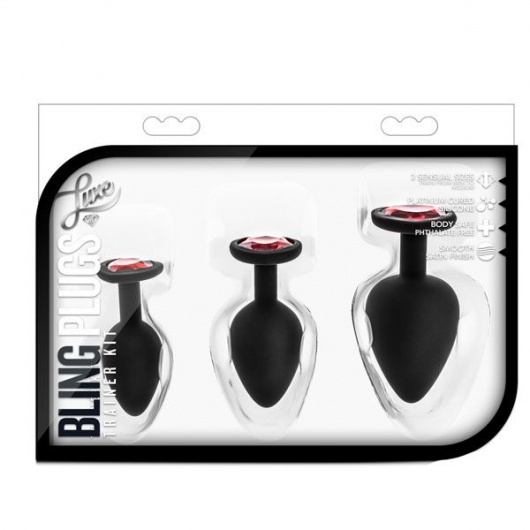 Набор черных анальных пробок с красным кристаллом-сердечком Bling Plugs Training Kit - Blush Novelties - купить с доставкой в Северске