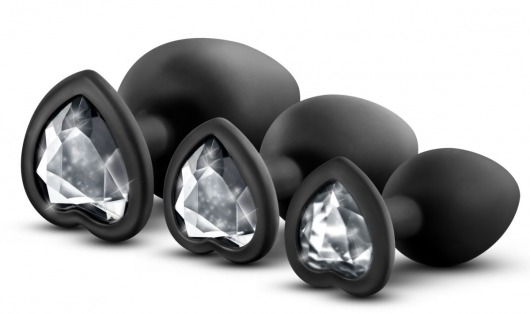 Набор из 3 черных пробок с прозрачным кристаллом-сердечком Bling Plugs Training Kit - Blush Novelties - купить с доставкой в Северске