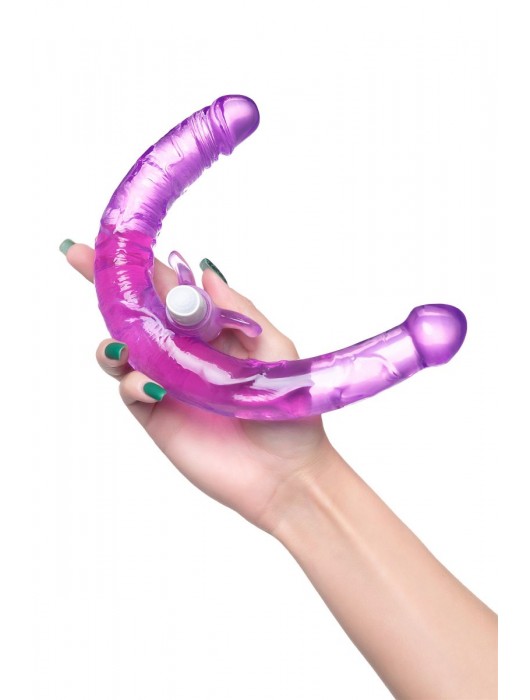 Фиолетовый двухсторонний фаллоимитатор с вибропулей - 35 см. - Toyfa Basic