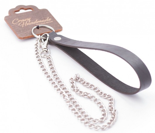Серебристый металлический поводок с кожаной черной ручкой - 80 см. - Crazy Handmade - купить с доставкой в Северске