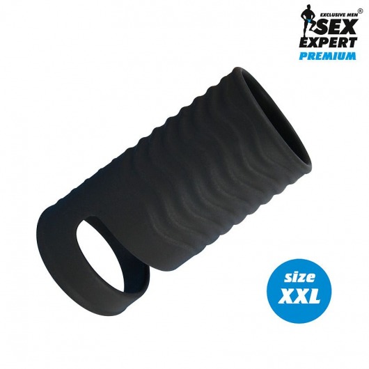 Черная открытая насадка на пенис с кольцом для мошонки XXL-size - 9,4 см. - Sex Expert - в Северске купить с доставкой