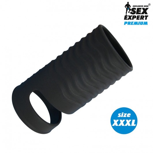 Черная открытая насадка на пенис с кольцом для мошонки XXXL-size - 9,9 см. - Sex Expert - в Северске купить с доставкой