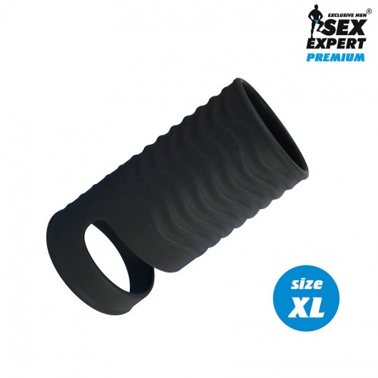 Черная открытая насадка на пенис с кольцом для мошонки XL-size - 8,9 см. - Sex Expert - в Северске купить с доставкой