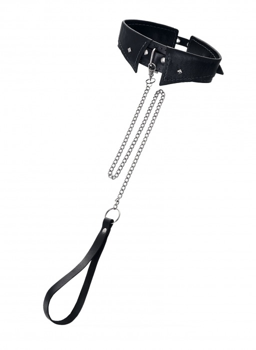 Черный кожаный ошейник-воротник с поводком - Pecado - купить с доставкой в Северске