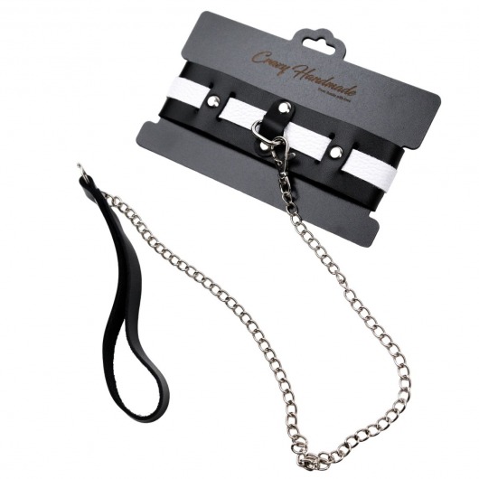 Черно-белый кожаный ошейник с поводком-цепочкой - Crazy Handmade - купить с доставкой в Северске