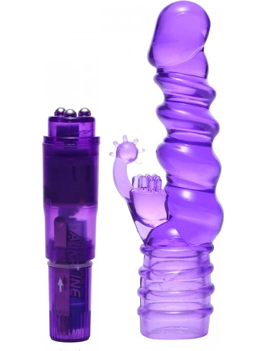 Фиолетовая виброракета с насадкой-кроликом Ribbed Rabbit Vibrator - 21,6 см. - XR Brands