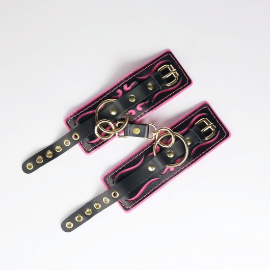 Черные кожаные наручники с розовой строчкой - Crazy Handmade - купить с доставкой в Северске