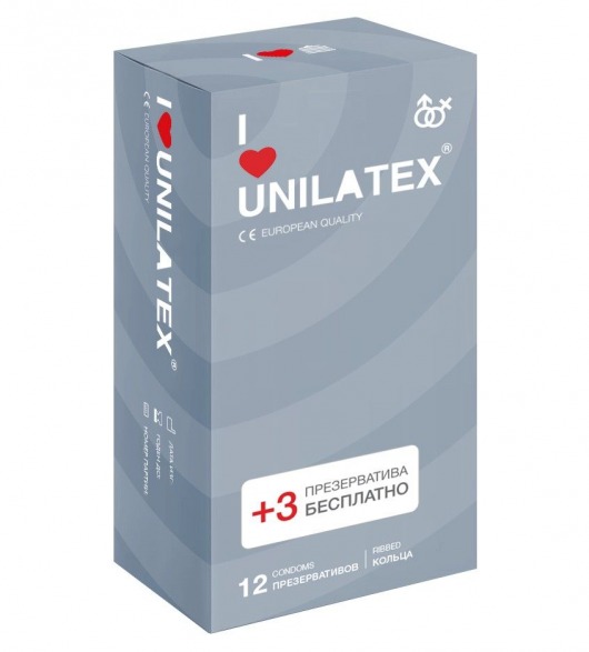 Презервативы с рёбрами Unilatex Ribbed - 12 шт. + 3 шт. в подарок - Unilatex - купить с доставкой в Северске