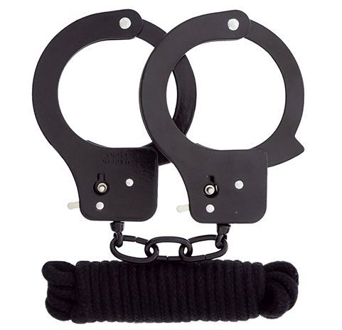 Чёрные наручники из листового металла в комплекте с веревкой BONDX METAL CUFFS LOVE ROPE SET - Dream Toys - купить с доставкой в Северске